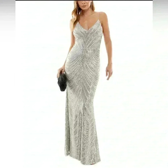 B Darlin Juniors Silver Sequined Bungee-Strap Gown Dress size 11/12 NWT - Picture 1 of 7